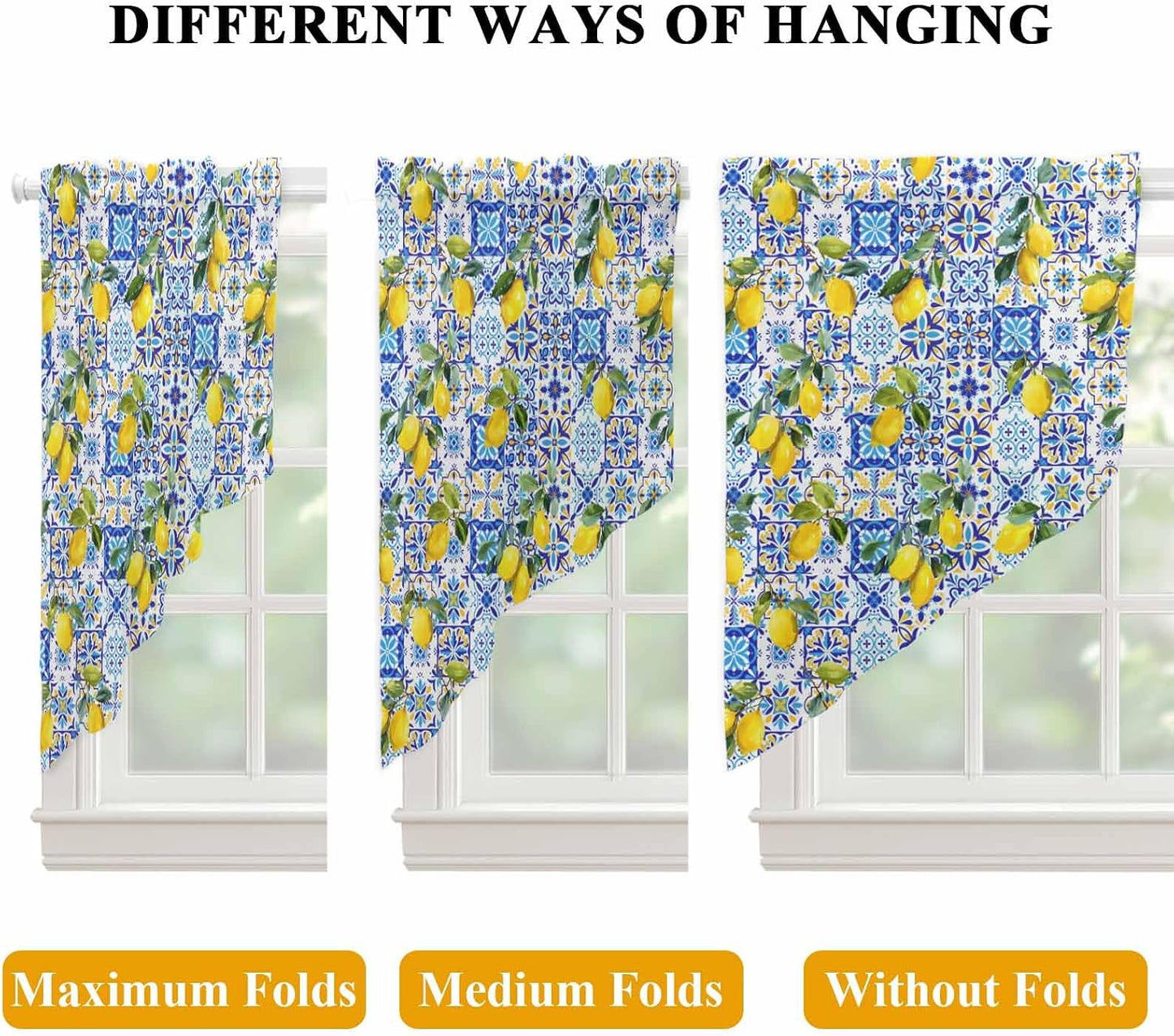 Summer Boho Lemon Swag Valances for Windows Watercolor Yellow Lemon Leaf Blue Floral Plaid Semi Sheer Valance Curtains Voile Swags Topper Curtain for Kitchen Living Room Bedroom, 2 Panels, 28x36 Inch