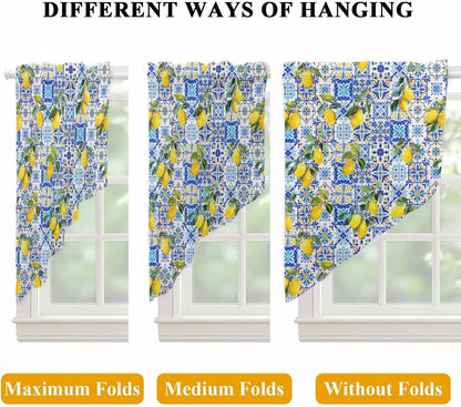Summer Boho Lemon Swag Valances for Windows Watercolor Yellow Lemon Leaf Blue Floral Plaid Semi Sheer Valance Curtains Voile Swags Topper Curtain for Kitchen Living Room Bedroom, 2 Panels, 28x36 Inch