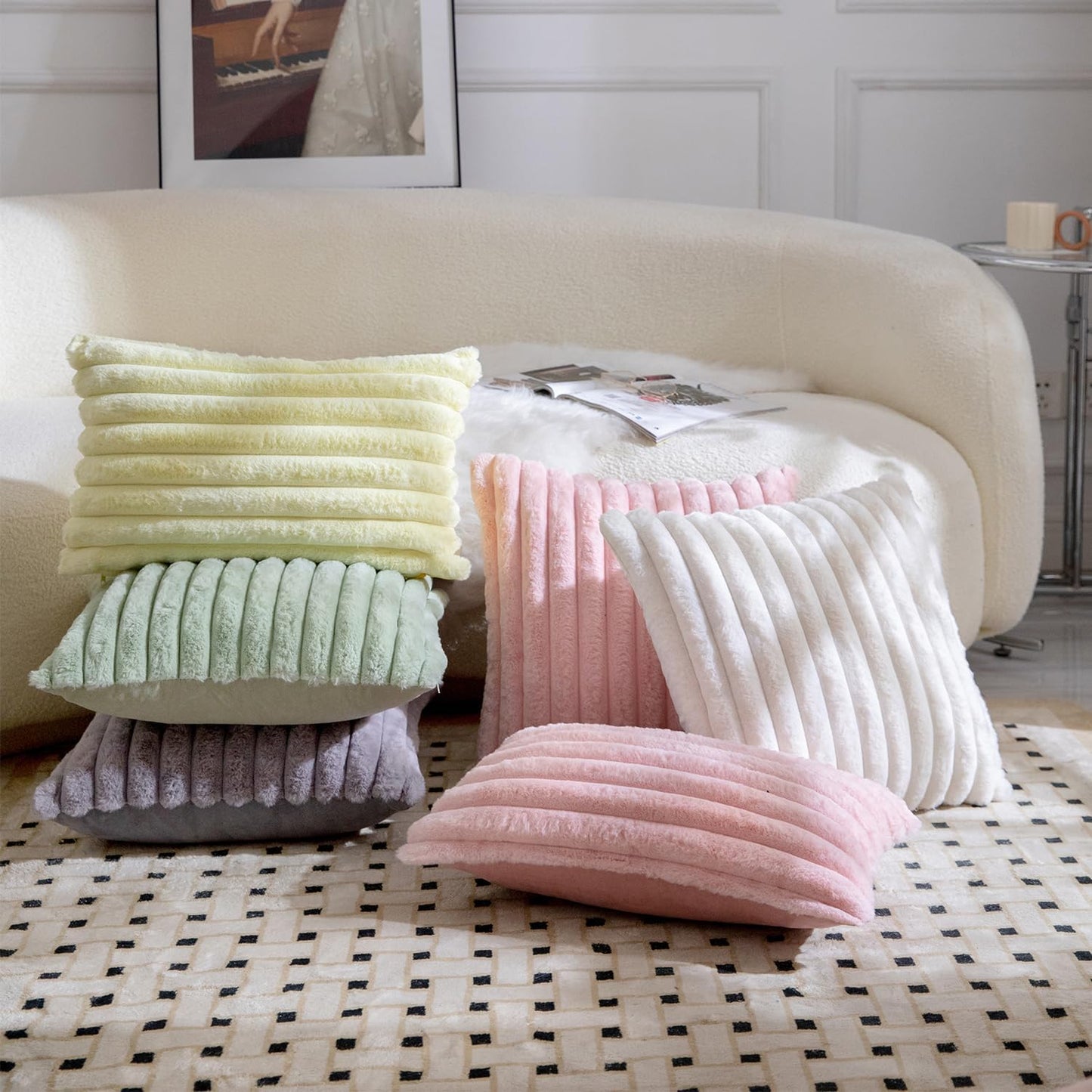 MANDIOO Pack of 2 Decorative Throw Pillow Covers Faux Fur Striped Plush Soft Cushion Covers Pillow Cases Bedroom Living Room Sofa Home 18x18 Inch Yellow