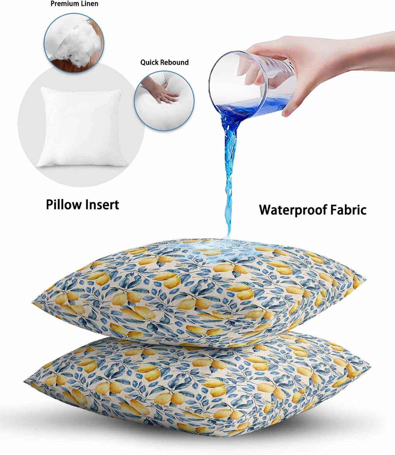 1 Pack Outdoor Throw Pillow, Lemon Waterproof Pillow with Insert Included, Spring Summer Pastoral Fruit Leaf Branch Decorative Accent Cushion Sofa Pillows for Patio Porch, 18 x 18 in