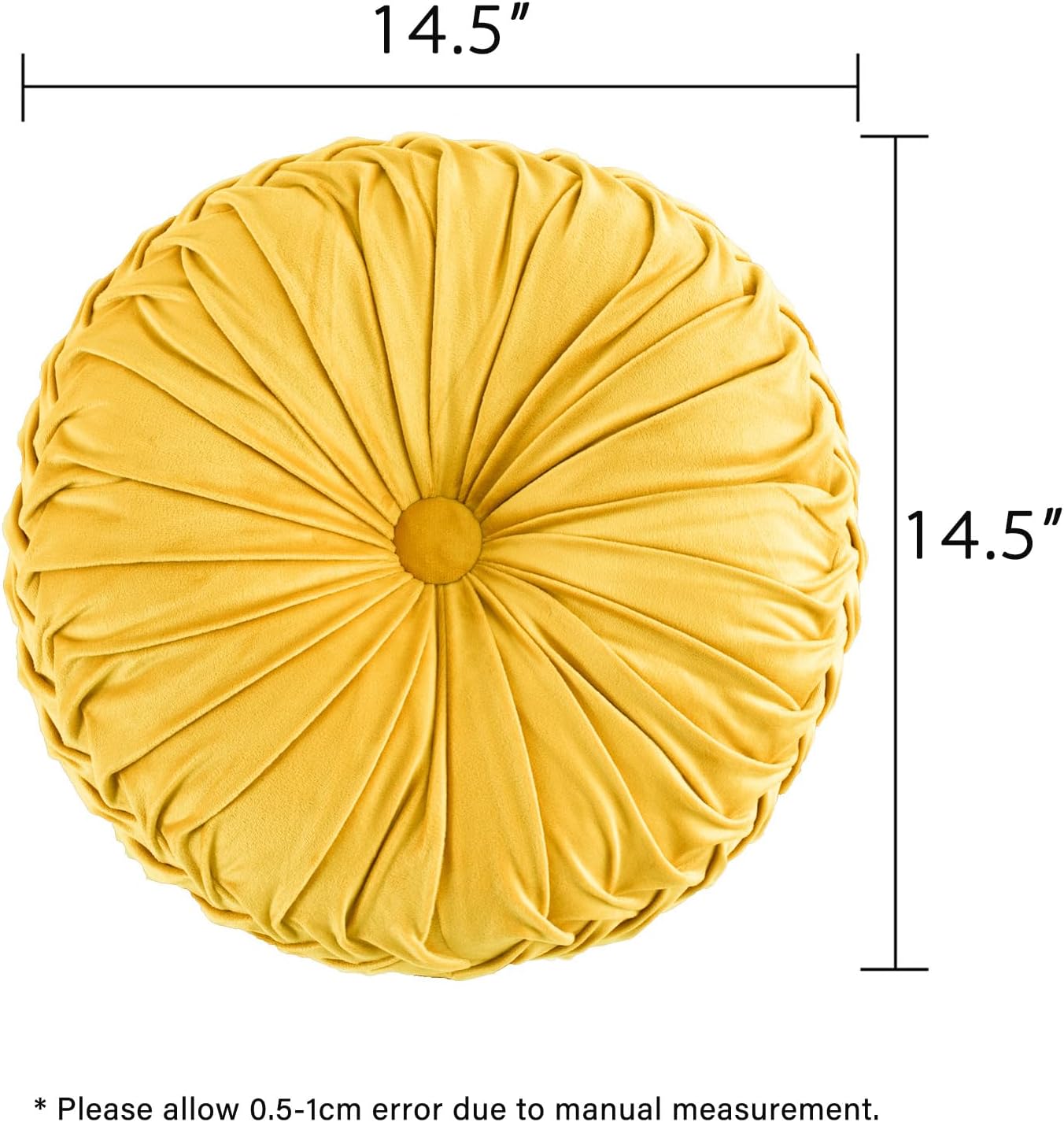 HIG Set of 2 Yellow Ruched Velvet Round Throw Pillows – 14.5’’ Decorative Pillows with Soft Polyester Filling for Couch, Bed, Living Room, Bedroom, or Dorm – Handmade, Stress Relieving, All-Season