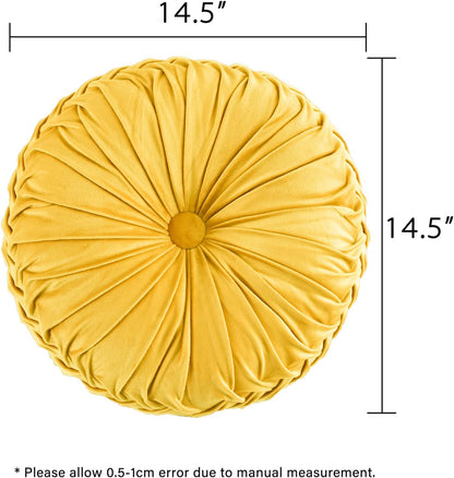HIG Set of 2 Yellow Ruched Velvet Round Throw Pillows – 14.5’’ Decorative Pillows with Soft Polyester Filling for Couch, Bed, Living Room, Bedroom, or Dorm – Handmade, Stress Relieving, All-Season