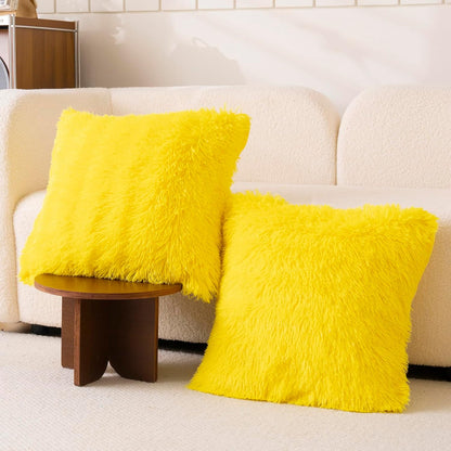 Faux Fur Yellow Throw Pillow Covers, Fluffy Soft Fuzzy Decorative Pillow Cases Cute Pillowcases for Home Bedroom Living Room, Zipper Closure, Set of 2 (Yellow, 18"x 18")
