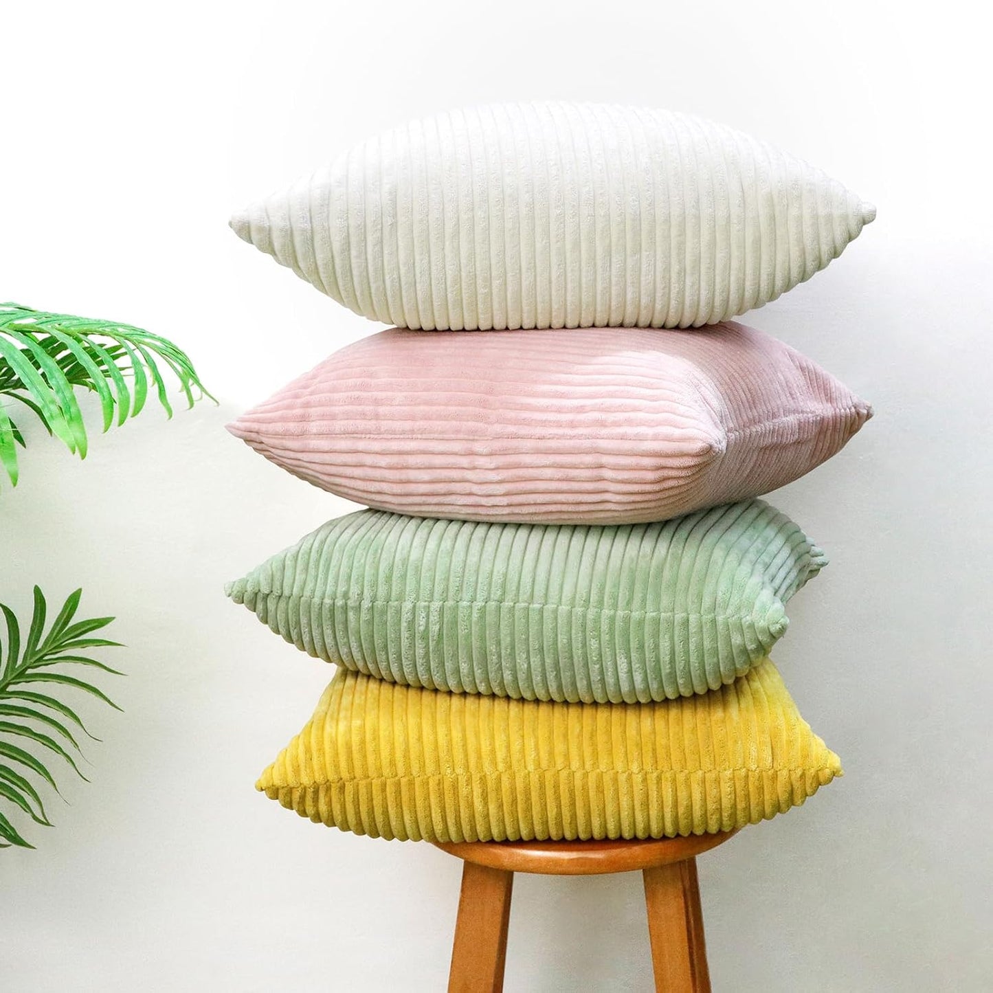 Thmyo Boho Farmhouse Decorative Throw Pillow Covers 18x18 Inch Set of 4 Soft Corduroy Cushion Covers for Mordern Couch Bed Sofa Chair Living Room Home Decor, Cream White/Green/Pink/Yellow