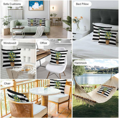 Summer Lemons Outdoor Waterproof Pillow Covers Set of 2, Yellow Fruit Leaf Black White Striped Abstract Pillowcase Decorative Throw Cushion Cases for Patio Garden Couch 18 x 18 Inches