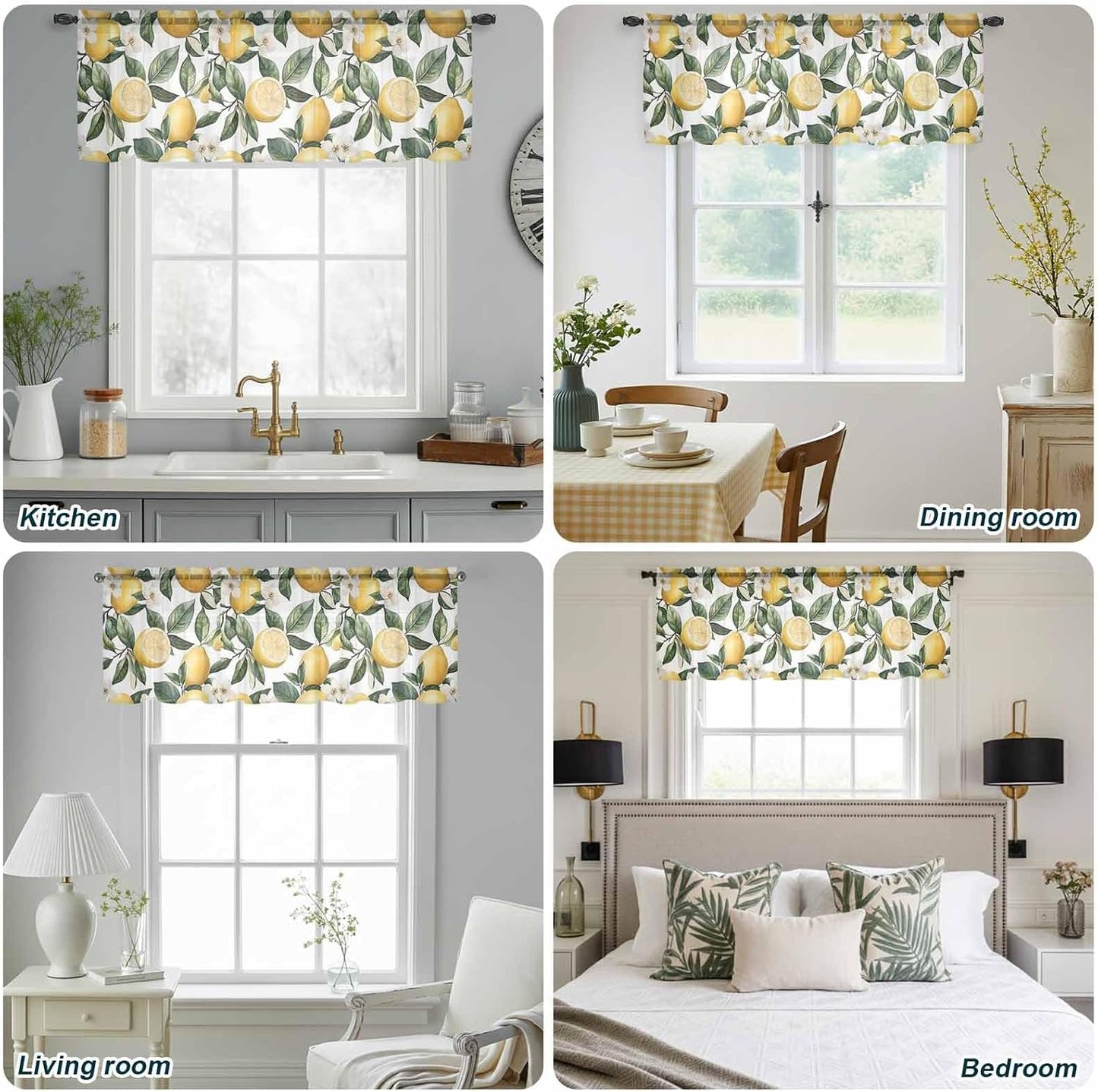 Summer Lemon Sheer Curtain 18 Inch Long Flower Leaves Light Filtering Rod Pocket Voile Curtain Valance for Bedroom Kitchen Cafe Window 54" W x 18" L