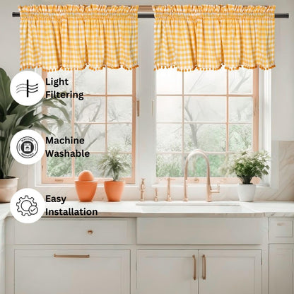 2 Panels Curtain Valances for Kitchen Windows, Bathroom, Living Rooms - Rod Pocket Short Curtain Topper Window Treatment - Farmhouse Rustic Window Valances (2 Pack, W60 x L14, Yellow)