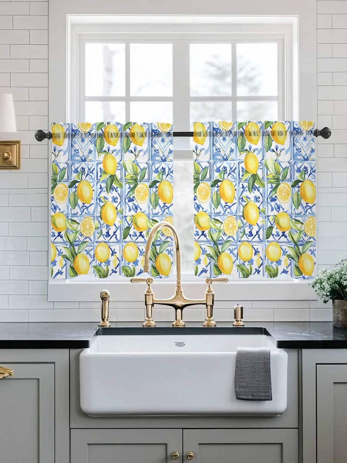 Yellow Lemon Sheer Tier Curtains 24 Inch Length, Botanical Spring Leaves Abstract Blue Tile Cafe Curtains Light Filtering, Sheer Voile Small Window Curtain 2 Panels, 27.5" x 24"