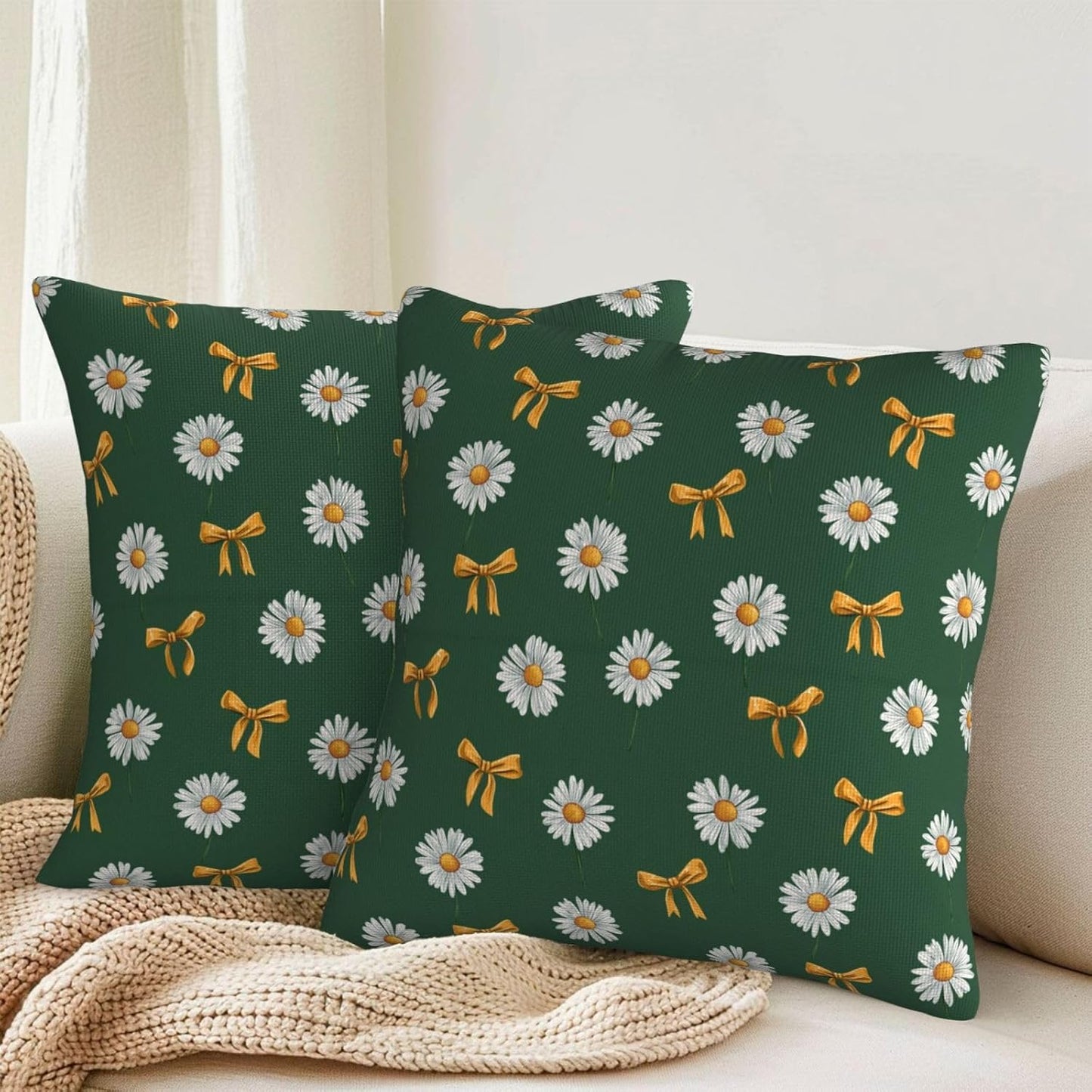 White Daisy Yellow Bows on Green Throw Pillow Covers Decorative 16x16 Pack of 2 Neutral Cushion Covers Farmhouse for Living Room Decor Sofa Bed