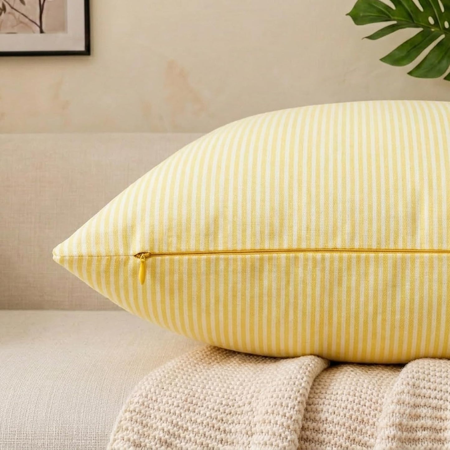 Yellow Striped Summer Outdoor Throw Pillow Covers 18x18 Set of 2, 18 x 18 Yellow and White Outdoor Throw Pillows, Modern Farmhouse Boho Decor Pillow Covers for Porch Patio (No Pillow Inserts)