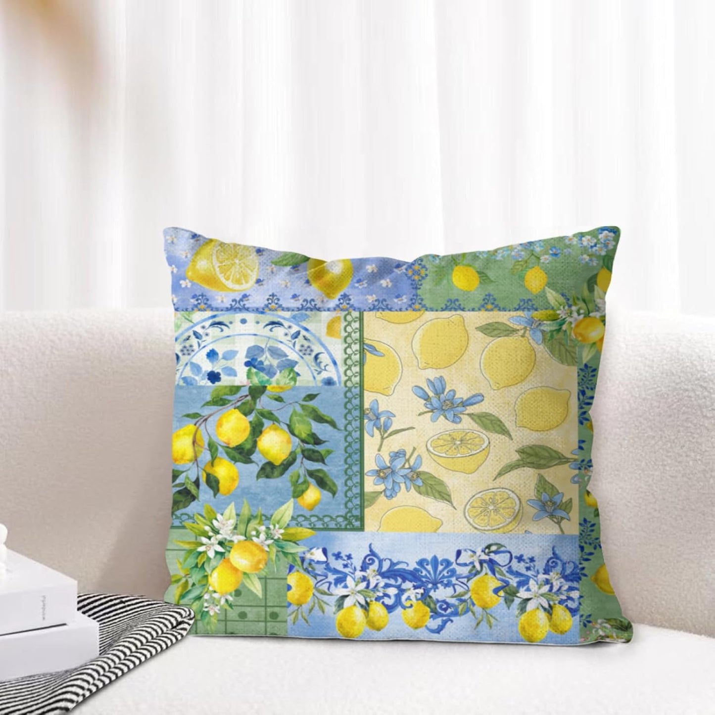 Lemon Throw Pillow Covers,Retro Patchwork Style Rustic Yellow Fruit Summer Plant Pattern Blue White Ceramic Tile Printed Pillow Cases Outdoor Sofa Cushion Cover for Living Room,16 "x16