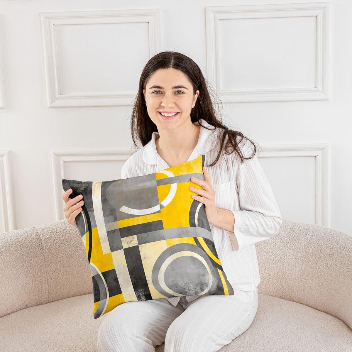 Feelyou Yellow Grey Circle Geometric Reversible Throw Pillow Covers,Geometric Pillow Covers Home Decor Stripe Line Square Cushion Covers Set of 2 for Bed Sofa Couch,Modern Abstract Art 16 x 16-Inch
