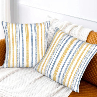 KiuLoam Boho Blue Yellow Striped Throw Pillow Covers 18 x 18 Set of 2, Summer Stripe Decorative Pillow Cases Square Cushion Covers for Bedroom Couch Bed Living Room Decor