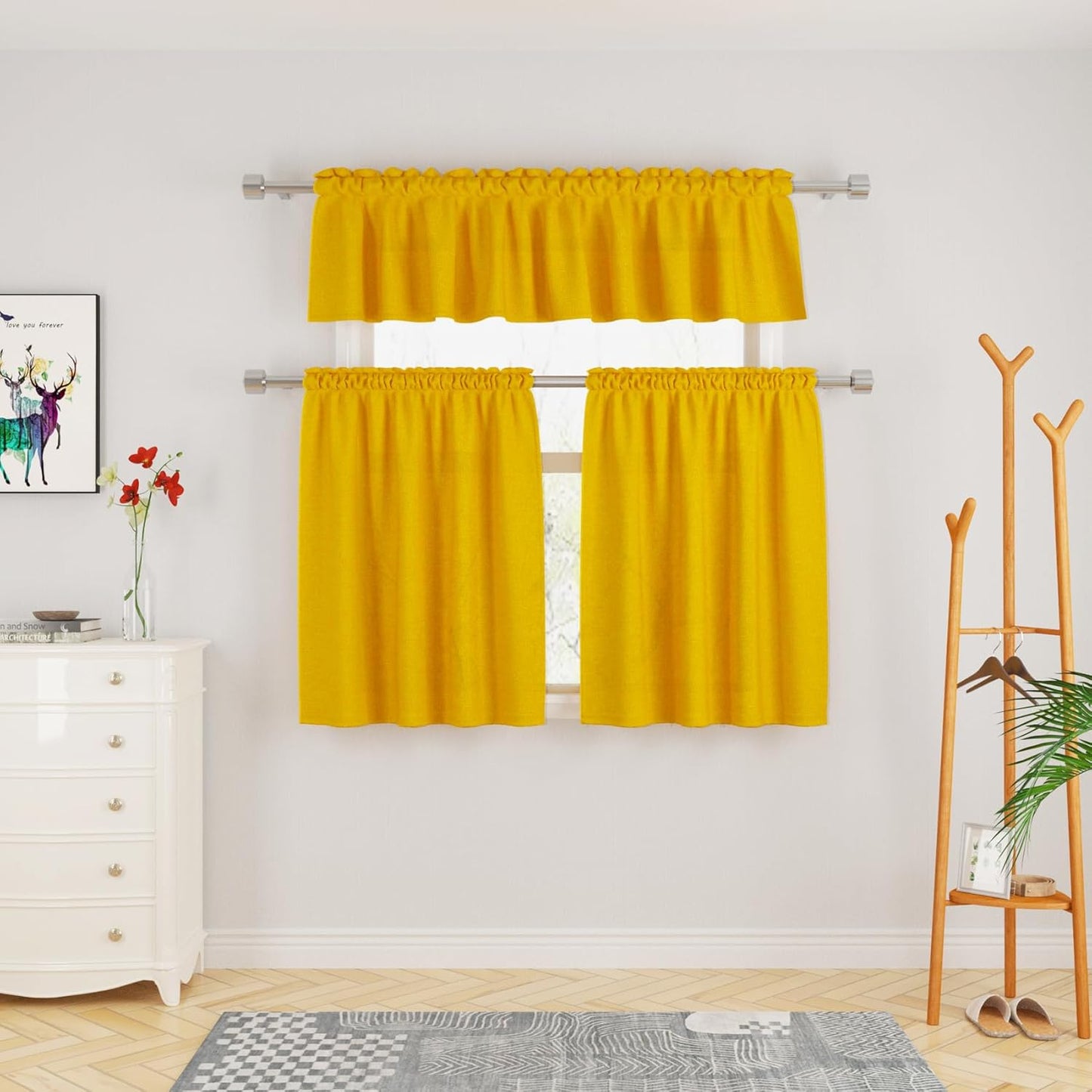 UPOPO Yellow 3 Pieces Tier Curtains and Valance Set Kitchen Window Curtains Over Sink Linen Textured Caravan Small Short Bathroom Curtain Half Window Cafe Curtains Basement Rod Pocket 54"x18"/27"x30"