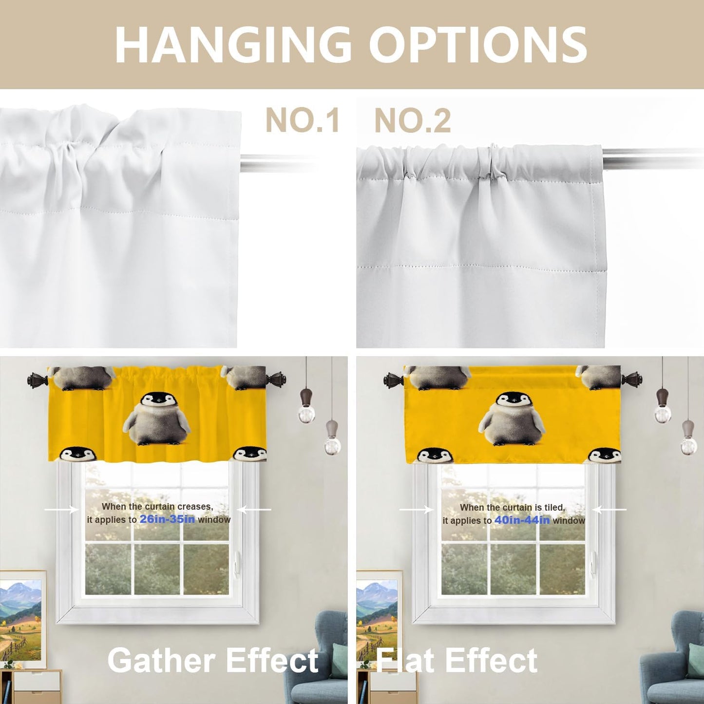 Cute Penguin Blackout Kitchen Curtain, Baby Penguins On Yellow Window Treatment Rod Pocket Light Filtering Bathroom Short Valance 1 Pack 52X18 Inches