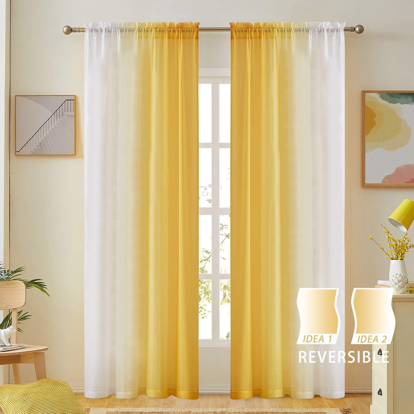 Ombre Faux Linen Sheer Curtains for Bedroom Living Room Rod Pocket, Privacy and Light Filtering, 2 Tone Reversible Gradient Voile Semi Window Curtains, Set of 2 Panels, Yellow, 54 x 84 Inch Length