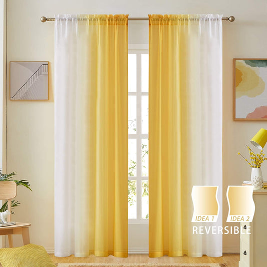 Ombre Faux Linen Sheer Curtains for Bedroom Living Room Rod Pocket, Privacy and Light Filtering, 2 Tone Reversible Gradient Voile Semi Window Curtains, Set of 2 Panels, Yellow, 54 x 84 Inch Length