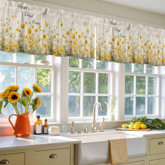 2 Pack Spring Yellow Flower Valances for Windows, Home Sweet Home Watercolor Floral Butterfly Linen Light Filtering Window Treatment Rod Pocket Short Curtain for Kitchen/Living Room, 42x12 Inch