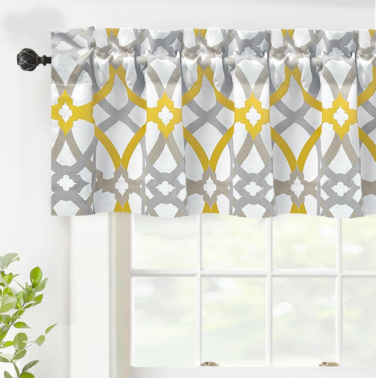 DriftAway Alexander Blackout Valances for Windows Thermal Insulated Kitchen Topper Geometric Moroccan Mid Century Pattern Match Thick Bathroom Curtain Valance Rod Pocket 52 Inch by 14 Inch Yellow/Gray