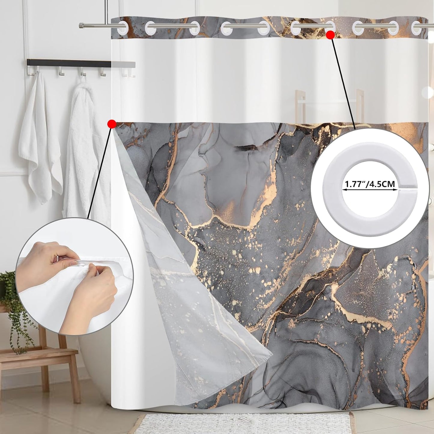 Gray Yellow Marble No Hook Shower Curtain with Snap in Liner Stylish Texture Shower Curtains for Luxury Hotel Grade Spa Bathroom Decor Double Layer Bathtubs Hotel Curtain Set 71x74 Inch