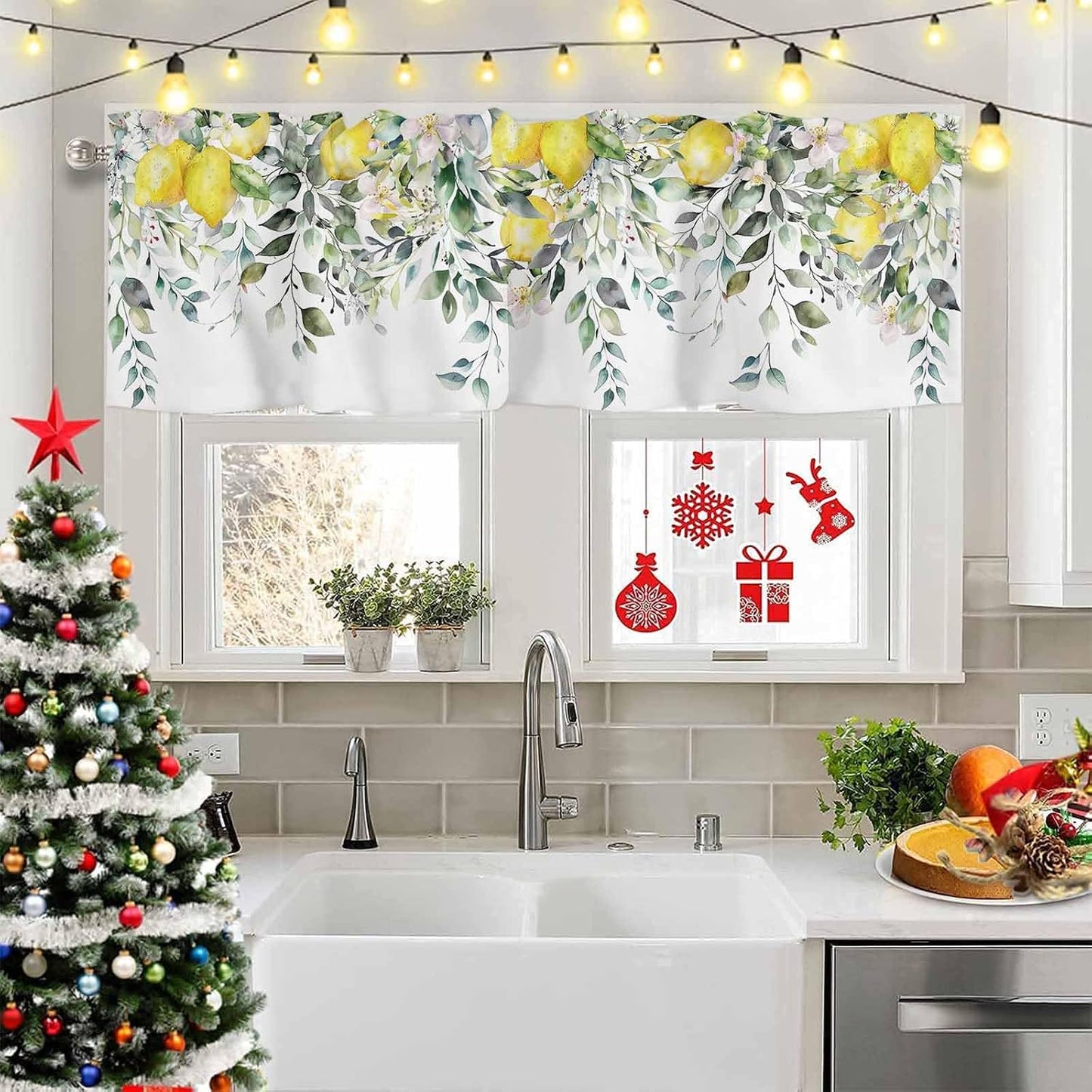 2 Pack Yellow Lemon Kitchen Valances for Windows, Nature Eucalyptus Leaves Short Valance Curtains Rod Pocket Window Treatments Watercolor Flowers Valances for Living Room Bedroom 42x12 Inch, 2 Panels