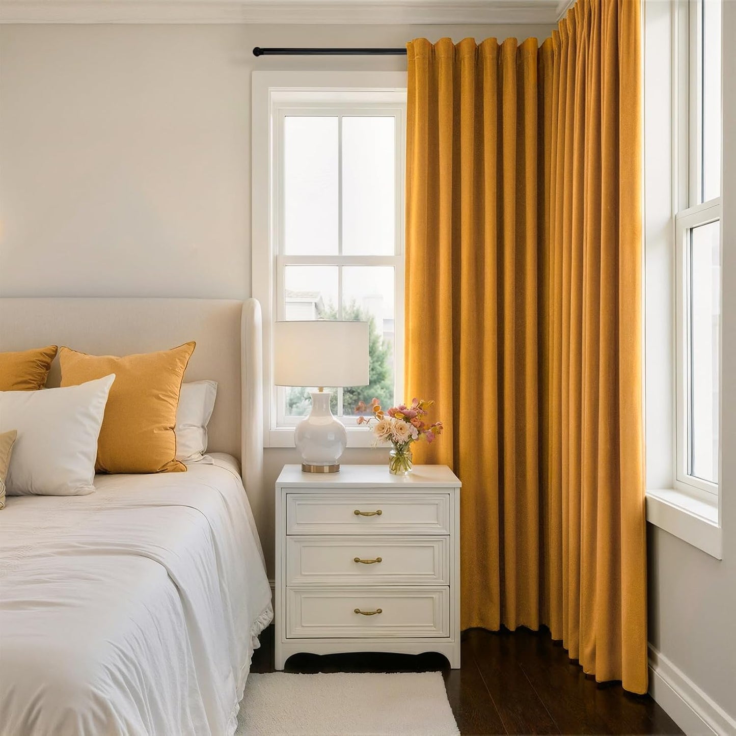 Mustard Yellow Velvet Curtains 84 Inches Long for Living Room Modern Elegant Soft Velvet Rod Pocket Drapes With Hooks for Dining Room Bedroom Room Darkening Privacy Window Treatments 2 Panels Set