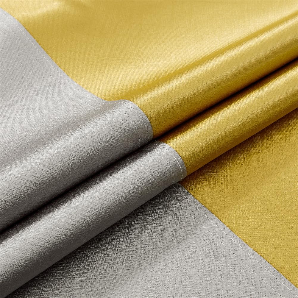 F-CHU 100% Blackout Curtains for Bedroom Grey and Mustard Yellow Patchwork Curtains Thermal Insulated Room Darkening Window Drapes for Living Room Grommet 63 inch Long 2 Panels
