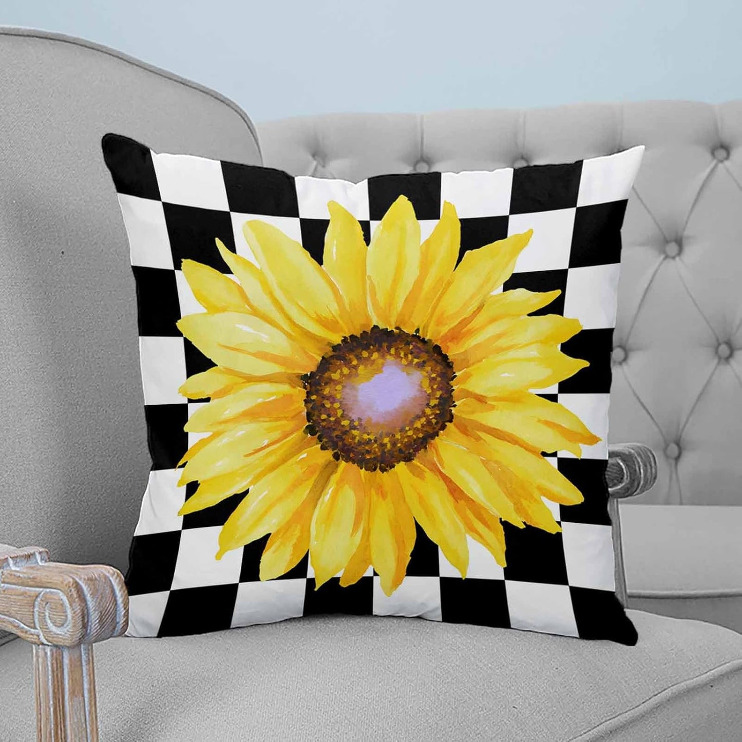 Pillow Covers 20x20 Set of 2, Sunflower Square Throw Pillow Covers for Couch/Sofa/Living Room, Yellow Fall Floral Black White Lattice Check Decorative Soft Pillowcases for Couch Throw Pillows