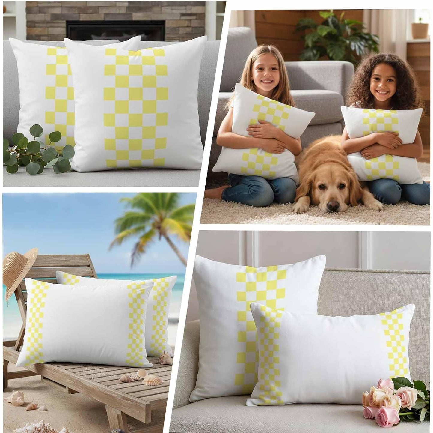 Outdoor Pillows 16x16 Inch Waterproof Outdoor Pillow Covers, Yellow Check Plaid Throw Pillow Covers Garden Cushion Decorative Case for Patio Couch Decoration Set of 2, Buffalo Farmhouse Style Pattern