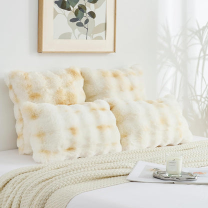 FUTEI Pack of 2 Faux Fur Throw Pillow Covers 12x20 Inch Soft Raised Textured Decorative Pillowcase Modern Farmhouse Accent for Couch Bed Living Room, Yellow White