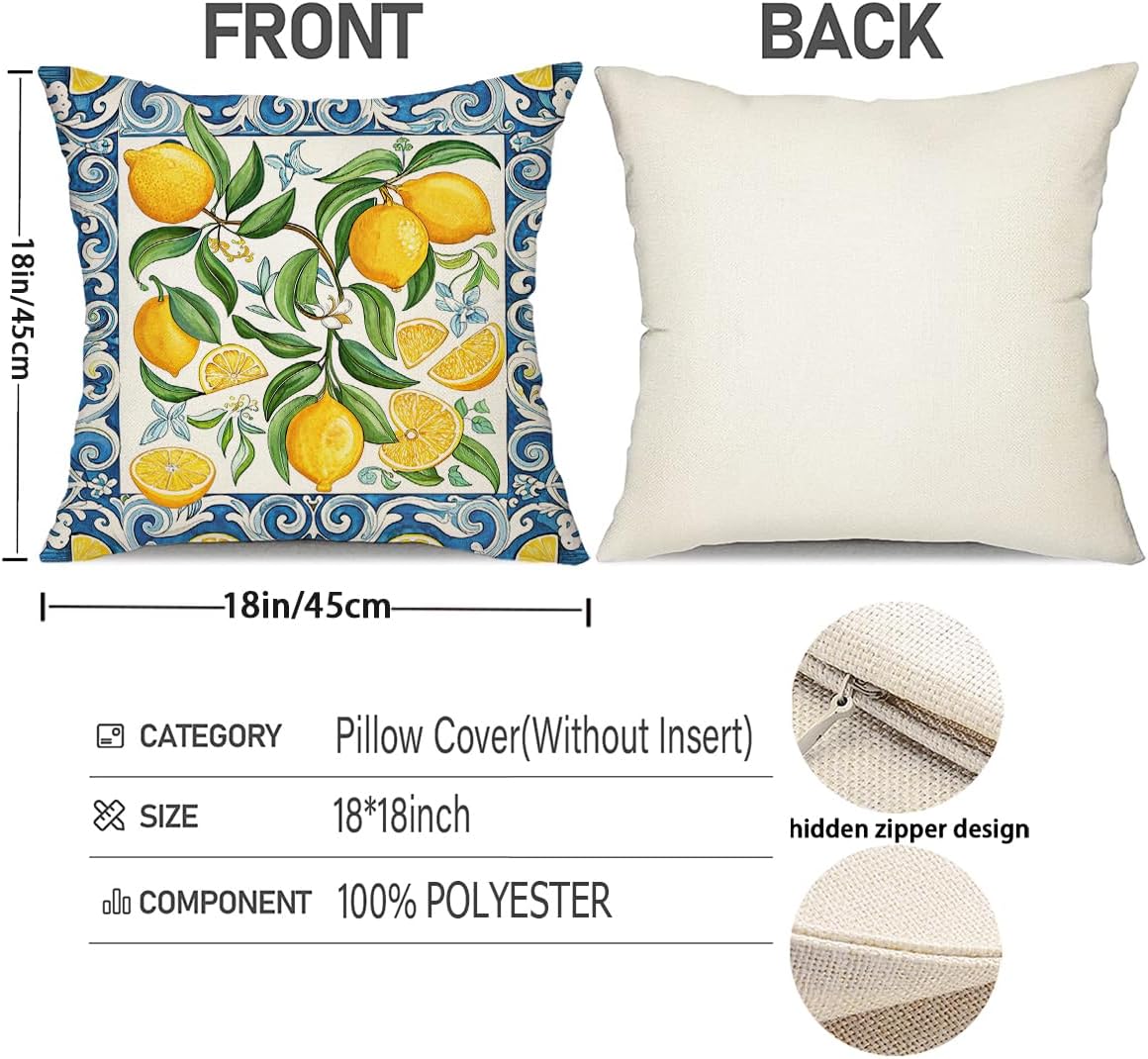 Pack of 4, Decorative Lemon Print Throw Pillow Cover, 18x18 inch, 100% Polyester, Hidden Zipper, Mediterranean Blue Border