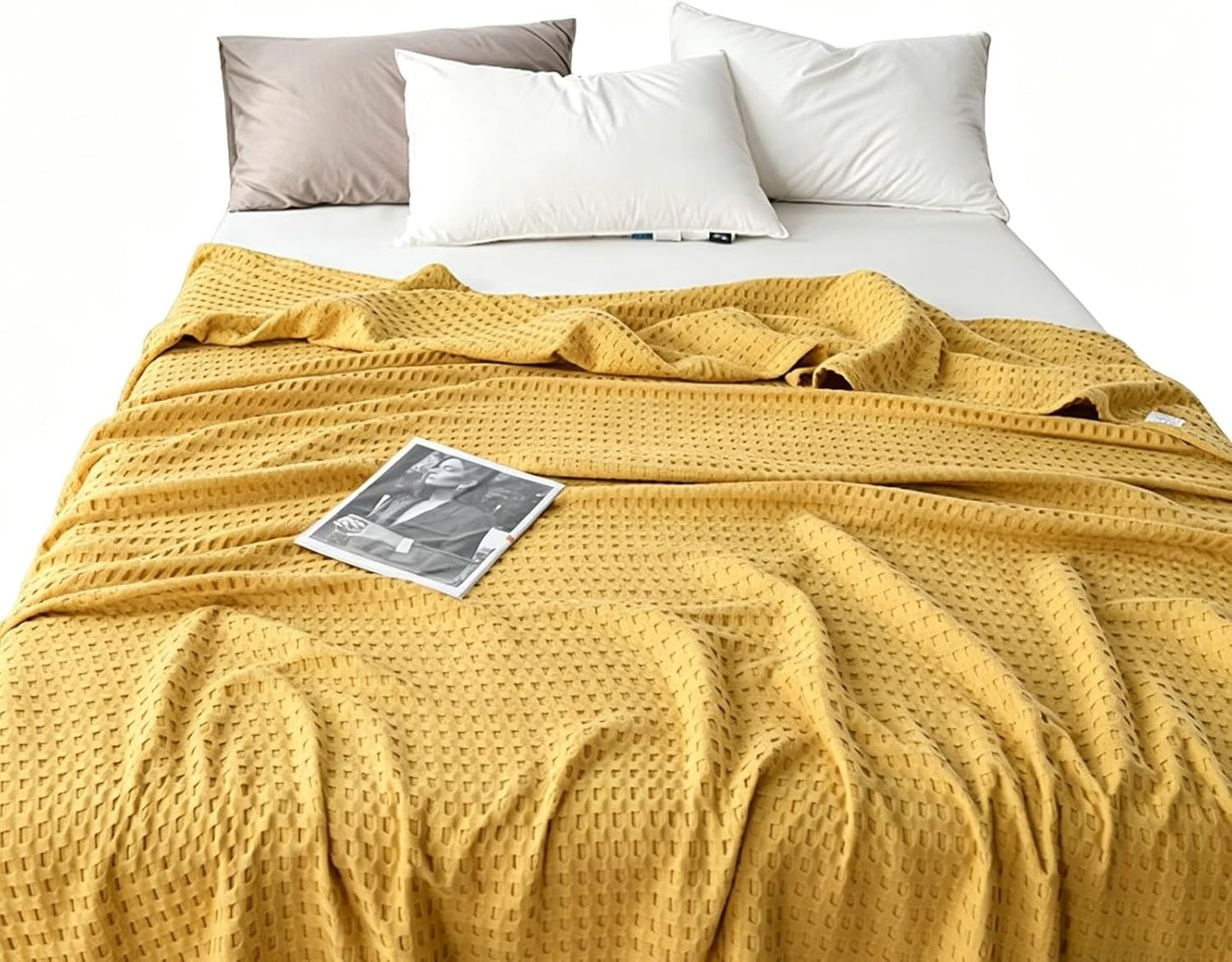 100% Cotton Waffle Weave Summer Cooling Blanket for Hot Sleepers,Breathable Lightweight Sage Grey Blanket for Bed,Couch and Travel (Yellow,Throw XL(60'' * 78''))