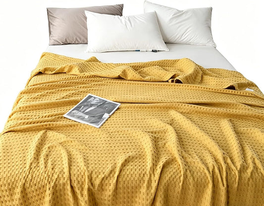 100% Cotton Waffle Weave Summer Cooling Blanket for Hot Sleepers,Breathable Lightweight Sage Grey Blanket for Bed,Couch and Travel (Yellow,Throw XL(60'' * 78''))