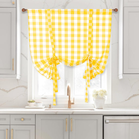 Hiasan Buffalo Check Tie Up Curtains for Small Windows - Semi Sheer Light Filtering Balloon Kitchen Curtain for Spring Rod Pocket, Orange Yellow and White, 42 x 63 inch, 1 Panel