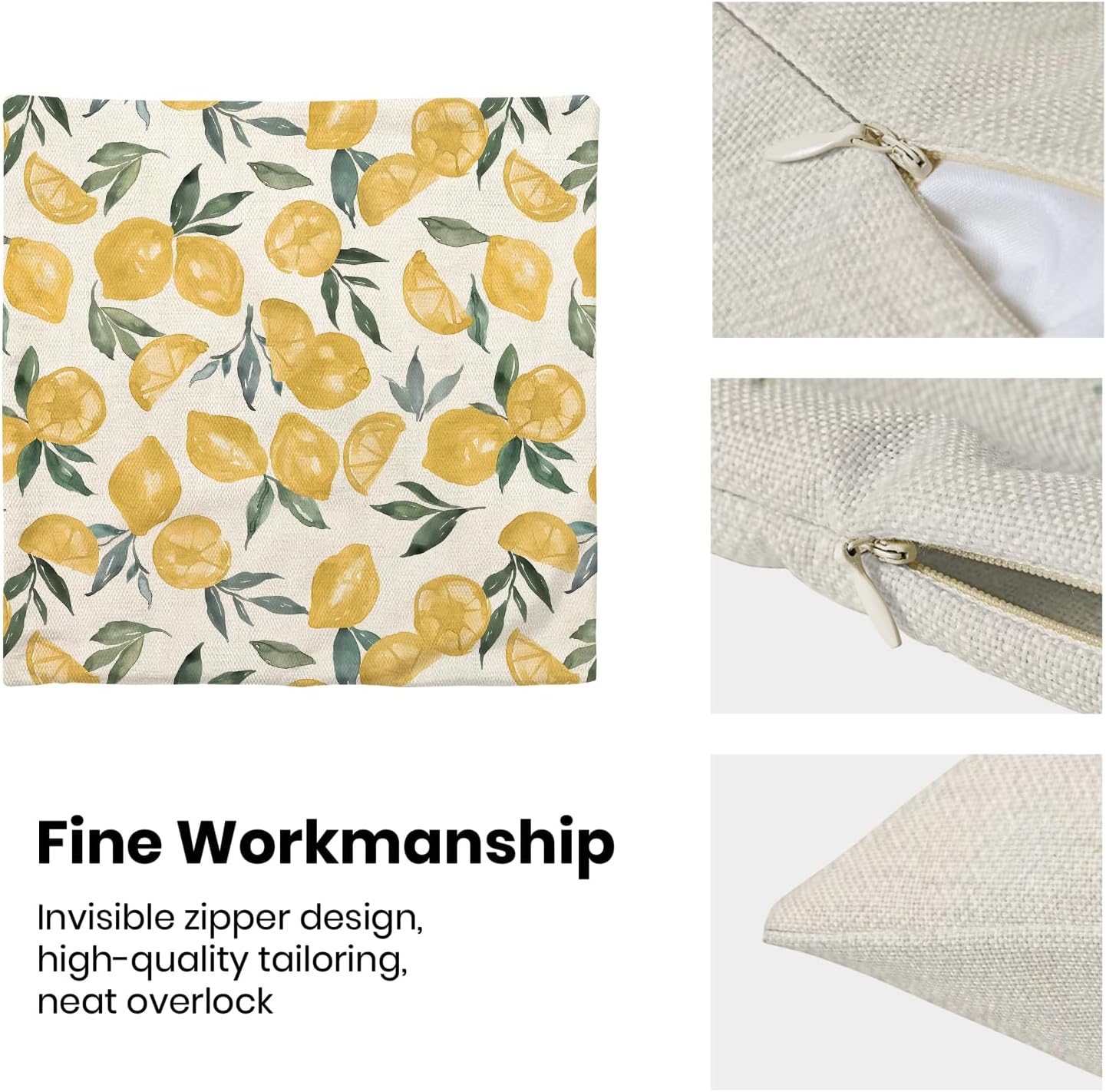 Yellow Lemon Pillow Covers 18x18 Inch Set of 2 Summer Throw Pillows Outdoor Decorative Seasonal Spring Summer Yellow Lemon Green Leaves Pillowcases Linen Cushion Covers for Sofa Couch