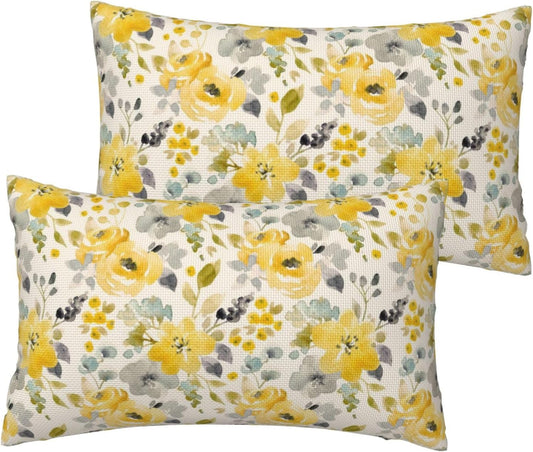 Yellow and Blue Flowers Lumbar Pillow Covers Home Decor Watercolor Floral Throw Pillow Covers 12x20 Set of 2 Pastoral Yellow Gray Flowers Pillowcases Living Room Decor Cushion Cover for Sofa