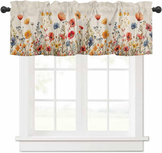 Valance for Windows Yellow and Red Poppy Watercolor Floral Plants Retro Linen Light Filtering Small Window Treatment Rod Pocket Short Curtain Valance for Kitchen Bathroom Living Room Bedroom 42x18in