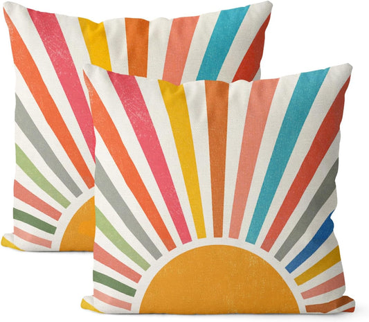 Summer Pillow Covers 18x18 Set of 2 Colorful Stripes Yellow Sunshine Throw Pillows Outdoor Boho Rainbow Sun Decorative Pillow Cases Linen Modern Farmhouse Cushion Case for Home Bedroom Decor