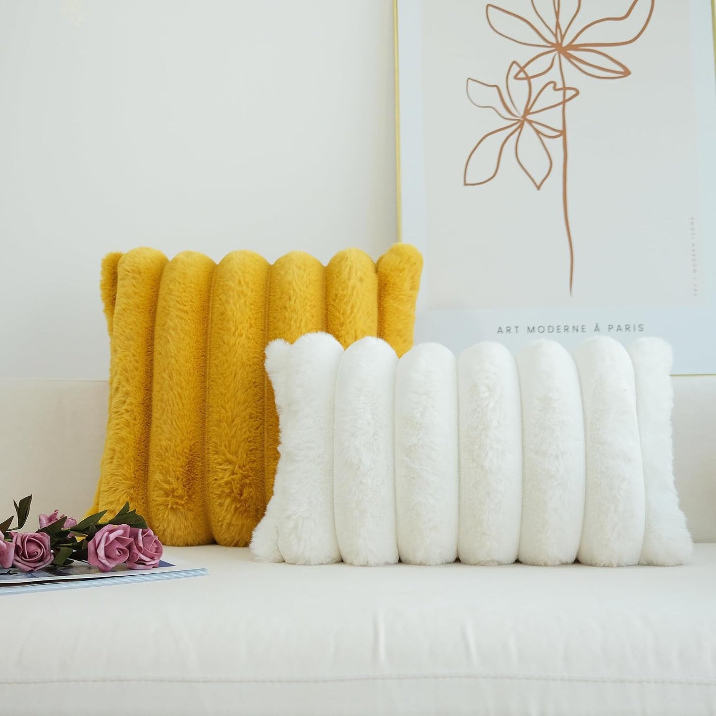 JOJUSIS Pack of 2 Faux Fur Plush Decorative Throw Pillow Covers Couch Cushion Case Soft Fluffy Pillowcases Wide Stripe (Yellow, 16 x 16 Inch)