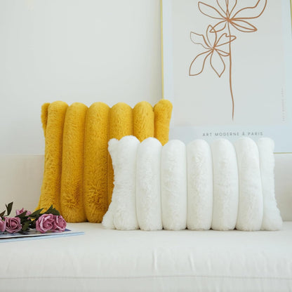 JOJUSIS Pack of 2 Faux Fur Plush Decorative Throw Pillow Covers Couch Cushion Case Soft Fluffy Pillowcases Wide Stripe (Yellow, 16 x 16 Inch)