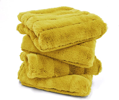 Striped Faux Fur Decorative Square Throw Pillow Covers with Sherpa Back 20 x 20 Inches Set of 4, Plush Soft Luxury Cushion Case Pillowcase for Couch Bed Bedroom Living Room, Mustard Yellow