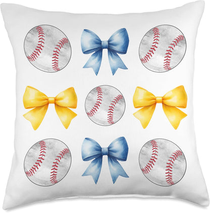 Baseballs & Light Blue Yellow Bows Tee Ball Mom School Pride Throw Pillow