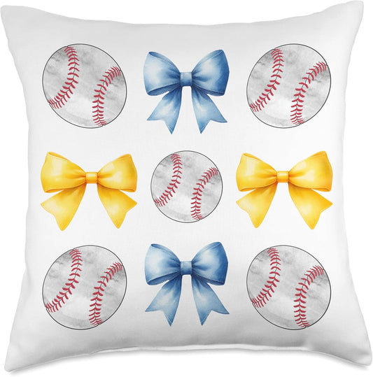 Baseballs & Light Blue Yellow Bows Tee Ball Mom School Pride Throw Pillow