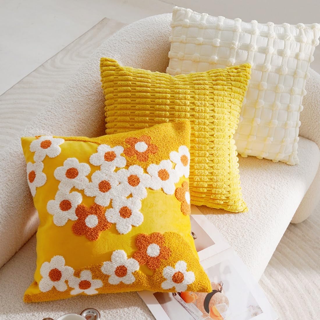 Tufted Yellow Flower Throw Pillow Cover 18x18in,Boho Floral Embroidered Pillow Cover,Summer Decorative Coushion Cover for Couch, Sofa, Bed, Living Room,Bedroom