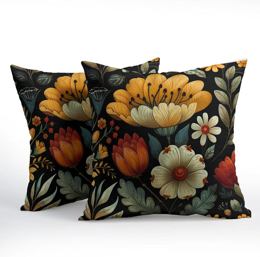 Vintage Boho Floral Pillow Covers 18x18 Inches Yellow Beige Black Throw Pillow Case Set of 2 Spring Flower Pillow Cover Cotton Linen Cushion Cover for Home Couch Sofa Bedroom Livingroom