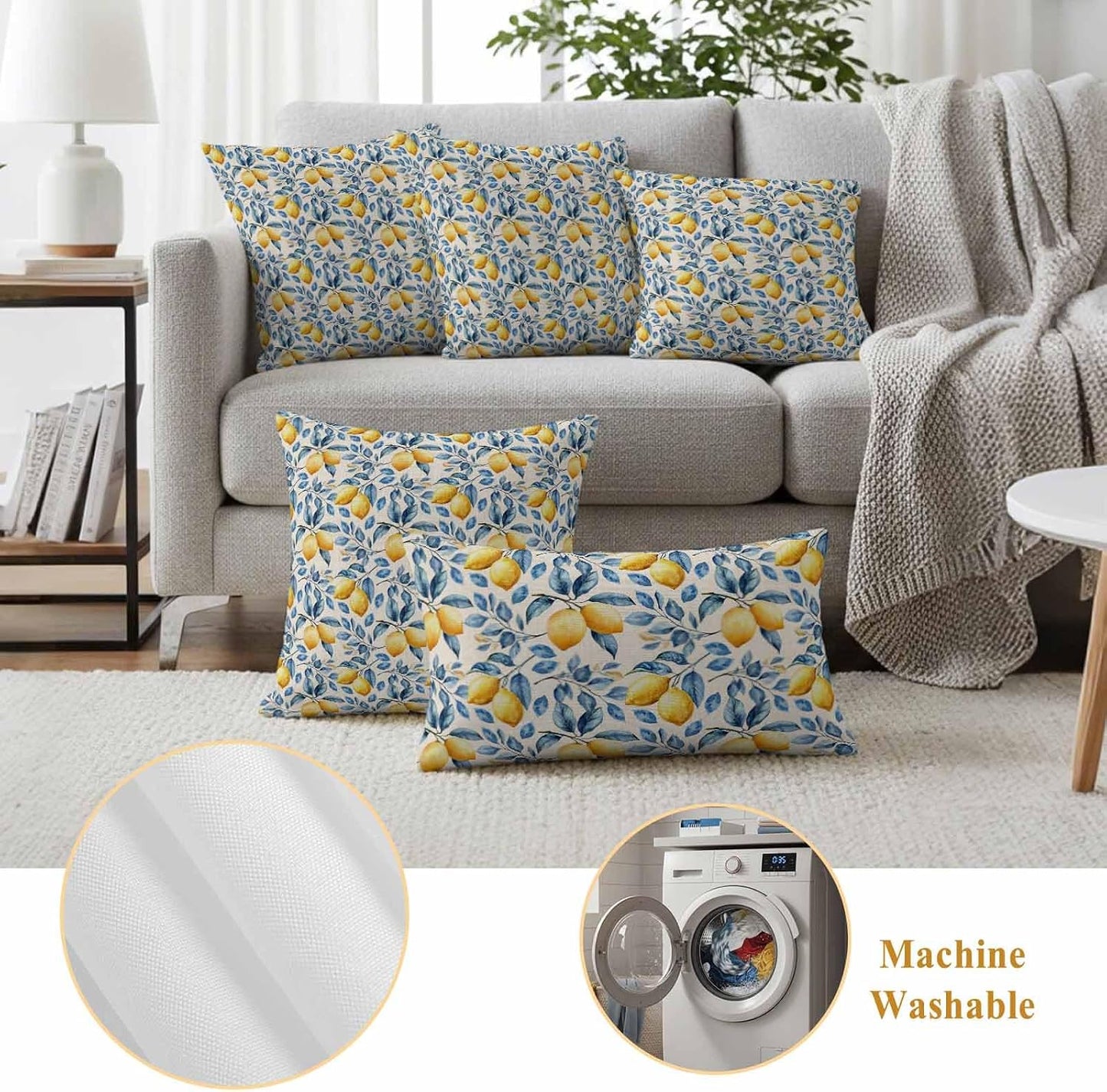 Outdoor Waterproof Throw Pillow Covers, Lemon Decorative Pillow Cases, Spring Summer Pastoral Fruit Leaf Branch Couch Pillow Protector Patio Sofa Cushion Covers Replacement 20"x12" 2 Pack
