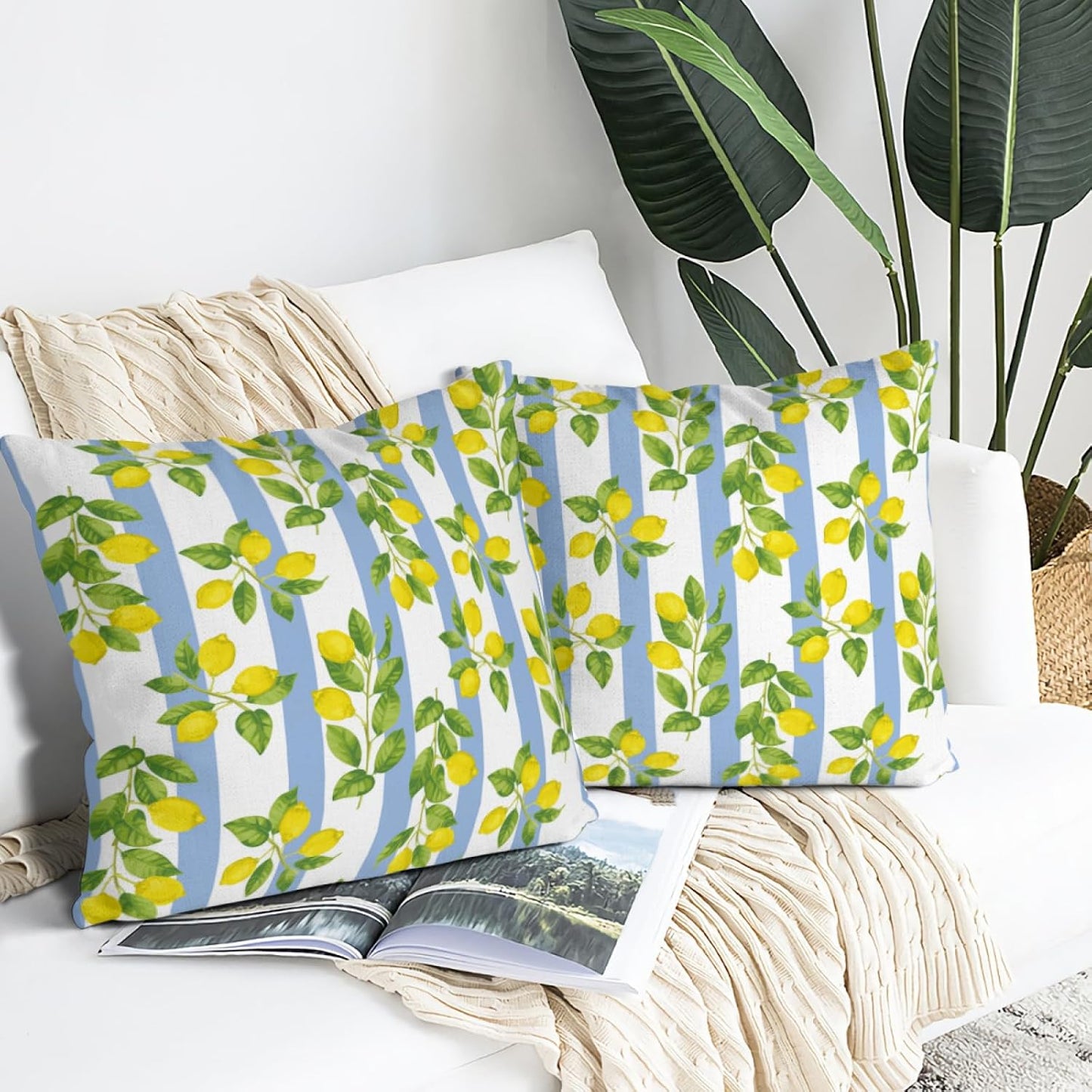 Lemon Throw Pillow Covers for Couch, Outdoor Decorative Pillow Cases for Couch Sofa Bed Chair Living Room Decor Set of 2 18"x18", Summer Cushion Cover