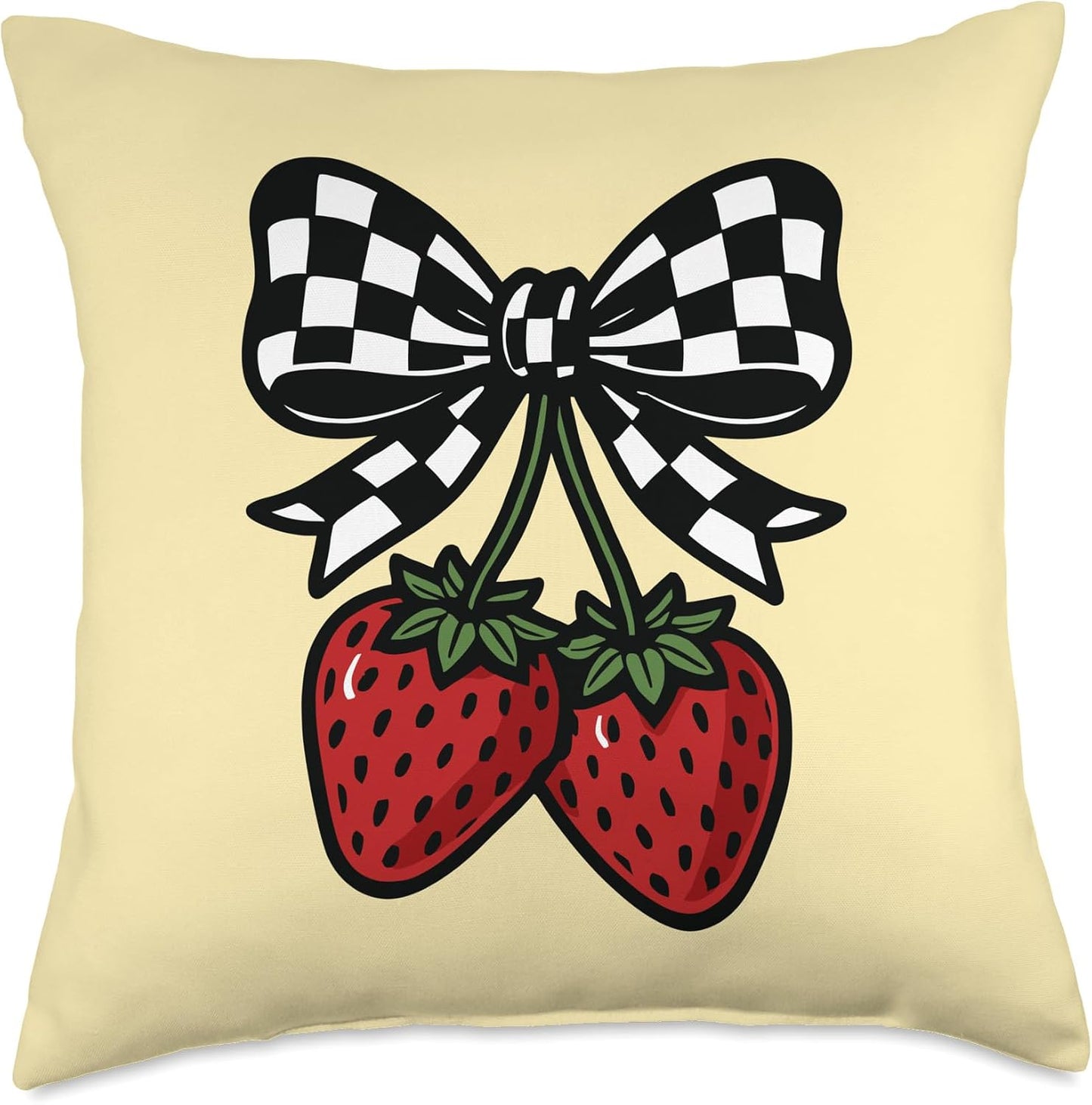 Strawberry Checkered Bow Coquette Butter Yellow Throw Pillow