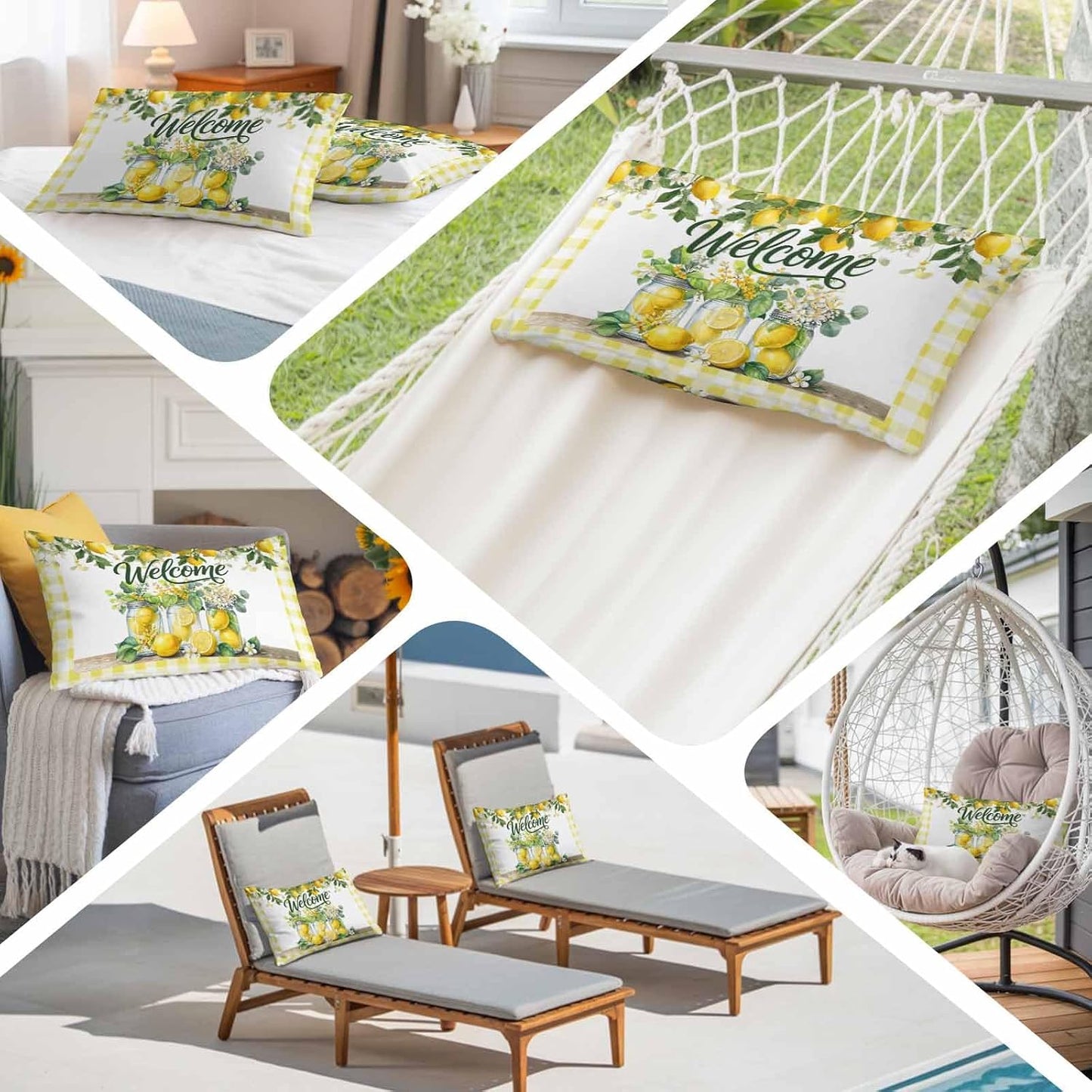 Welcome Words Farm Lemons Throw Pillow Cover,Decorative Pillowcase with Hidden Zipper Yellow Check Breathable Lumbar Pillow Cushion Case for Couch Sofa Bed Home,12"x20"