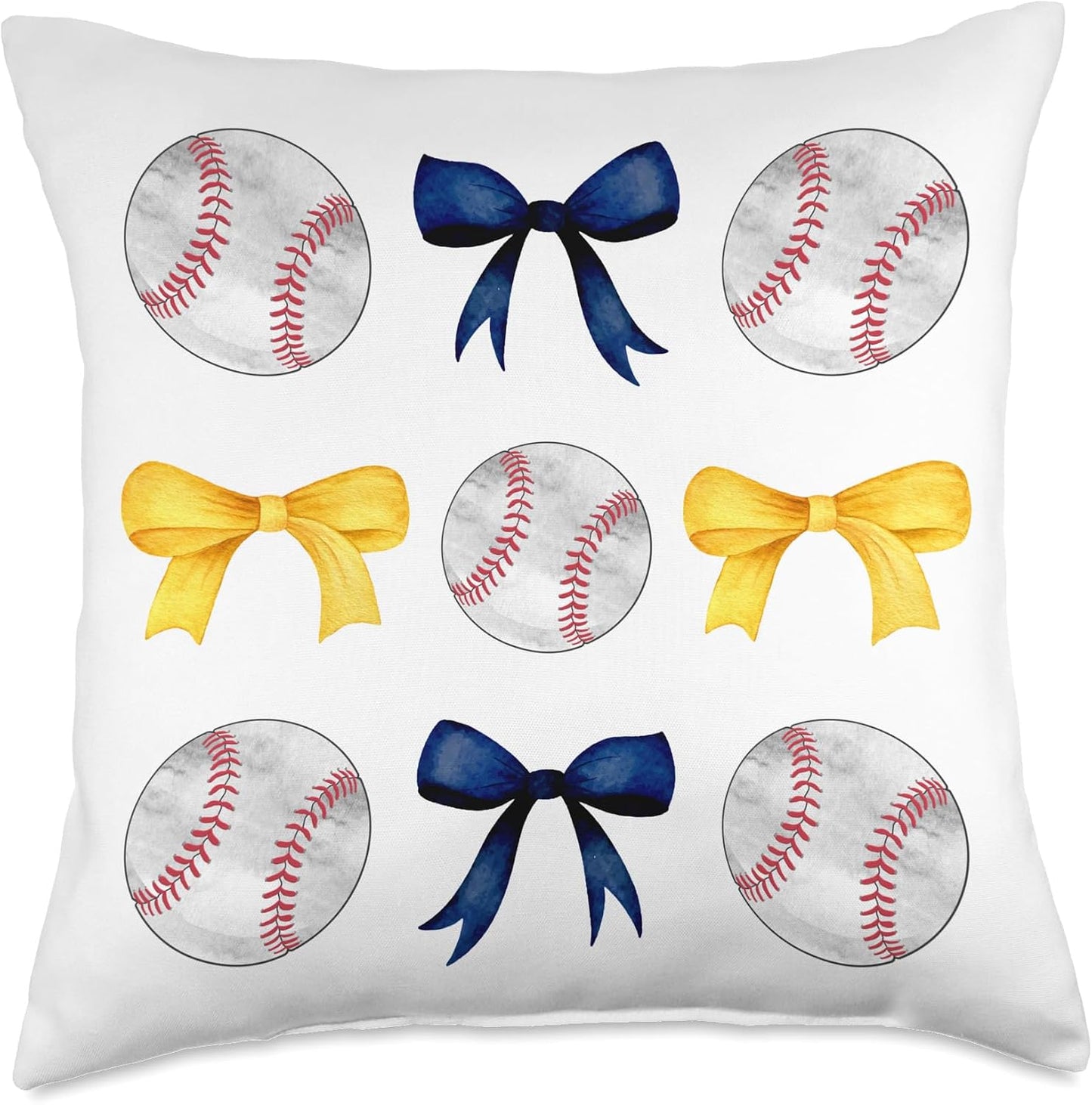 Baseballs & Dark Blue Yellow Bows Tee Ball Mom School Pride Throw Pillow